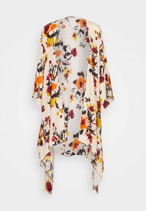 Sheer cream kimono with orange, yellow, burgundy, and black floral print, loose fit, and draped open front.