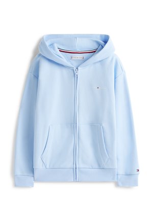 Sudadera con capucha azul claro con cremallera, dos bolsillos delanteros, puños acanalados, capucha y pequeño logo en el pecho y en el puño de la manga.