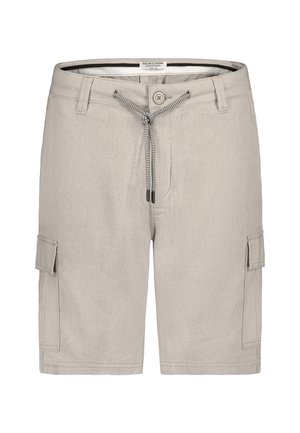 Beige Cargo-Shorts aus leichtem Material, mit Kordelzugbund, Knopfverschluss und zwei seitlichen Taschen mit Klappen.