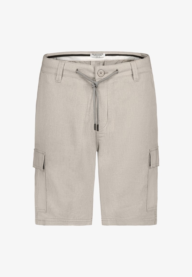 Beige Cargo-Shorts aus leichtem Material, mit Kordelzugbund, Knopfverschluss und zwei seitlichen Taschen mit Klappen.