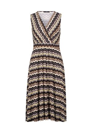 Sleeveless dress with a V-neck, featuring a zigzag pattern in brown, gold, and cream. Below-the-knee length with an elastic waist.