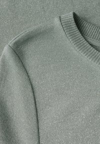 Jasnozielony sweter z błyszczącym, teksturowanym splotem, z prążkowanym okrągłym dekoltem i bezszwowym krojem na ramionach.