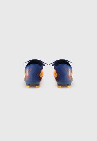 Blue and orange football boots with a textured upper, featuring yellow studs, black laces, and a striking graphic design on the sides.