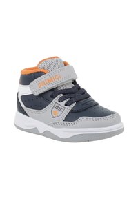 Scarpa sportiva alta in blu navy, grigio e arancione. Realizzata in materiale sintetico, con linguetta in mesh, chiusura a strappo, dettagli traforati e logo.