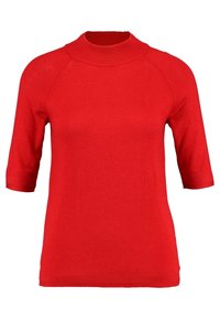 Červený pletený svetr s vysokým límcem, krátkými rukávy a hladkou texturou. Má přiléhavý střih a žebrované detaily na límci a rukávech.