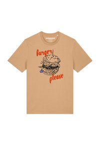 Beige t-shirt met een zwarte schets van een burger en rode tekst die zegt "burger graag." Korte mouwen en een ronde hals.