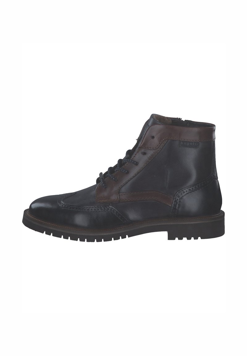 Schwarze und braune Leder-Ankle-Boots mit einem Schnürdesign, Brogue-Details, einer runden Zehenpartie und einer strukturierten Sohle.