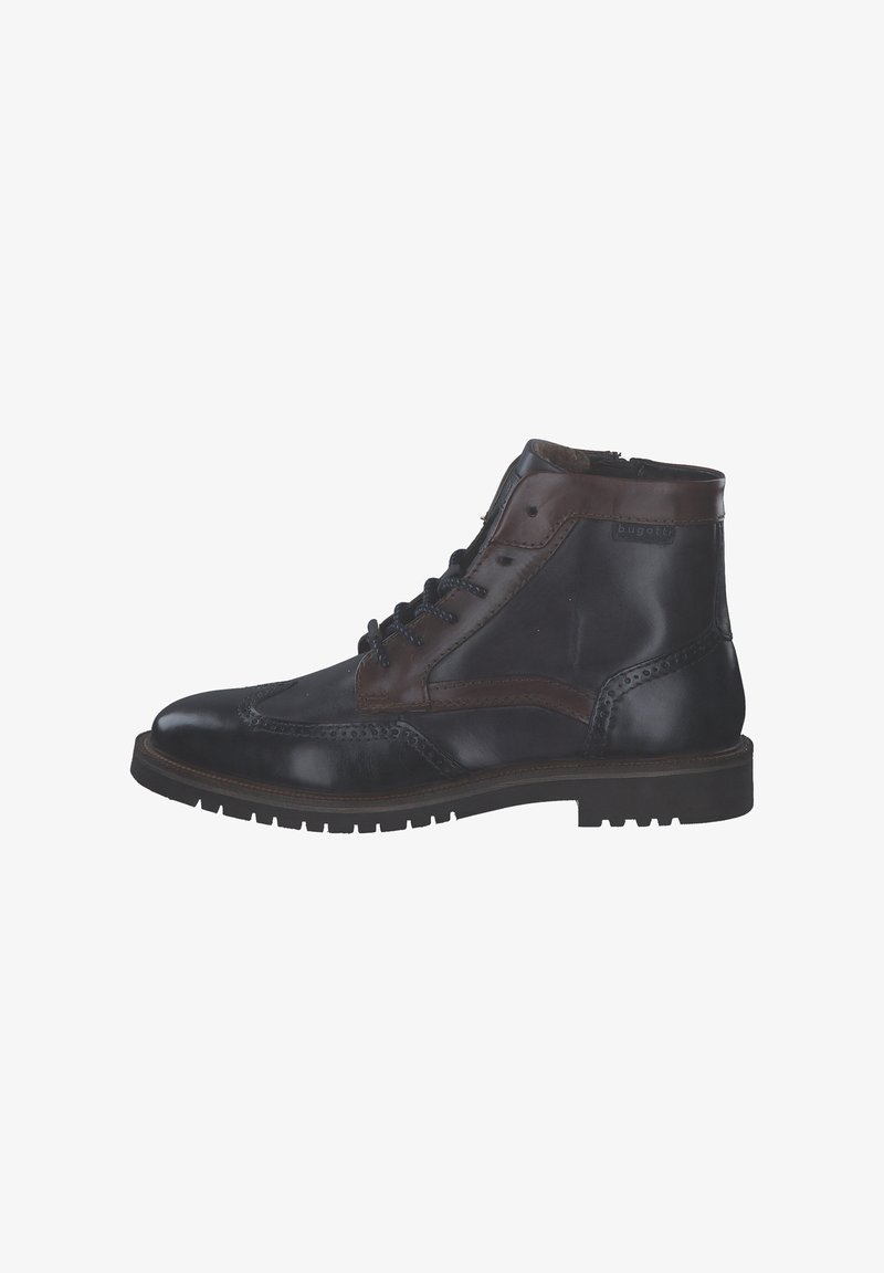 Schwarze und braune Leder-Ankle-Boots mit einem Schnürdesign, Brogue-Details, einer runden Zehenpartie und einer strukturierten Sohle.
