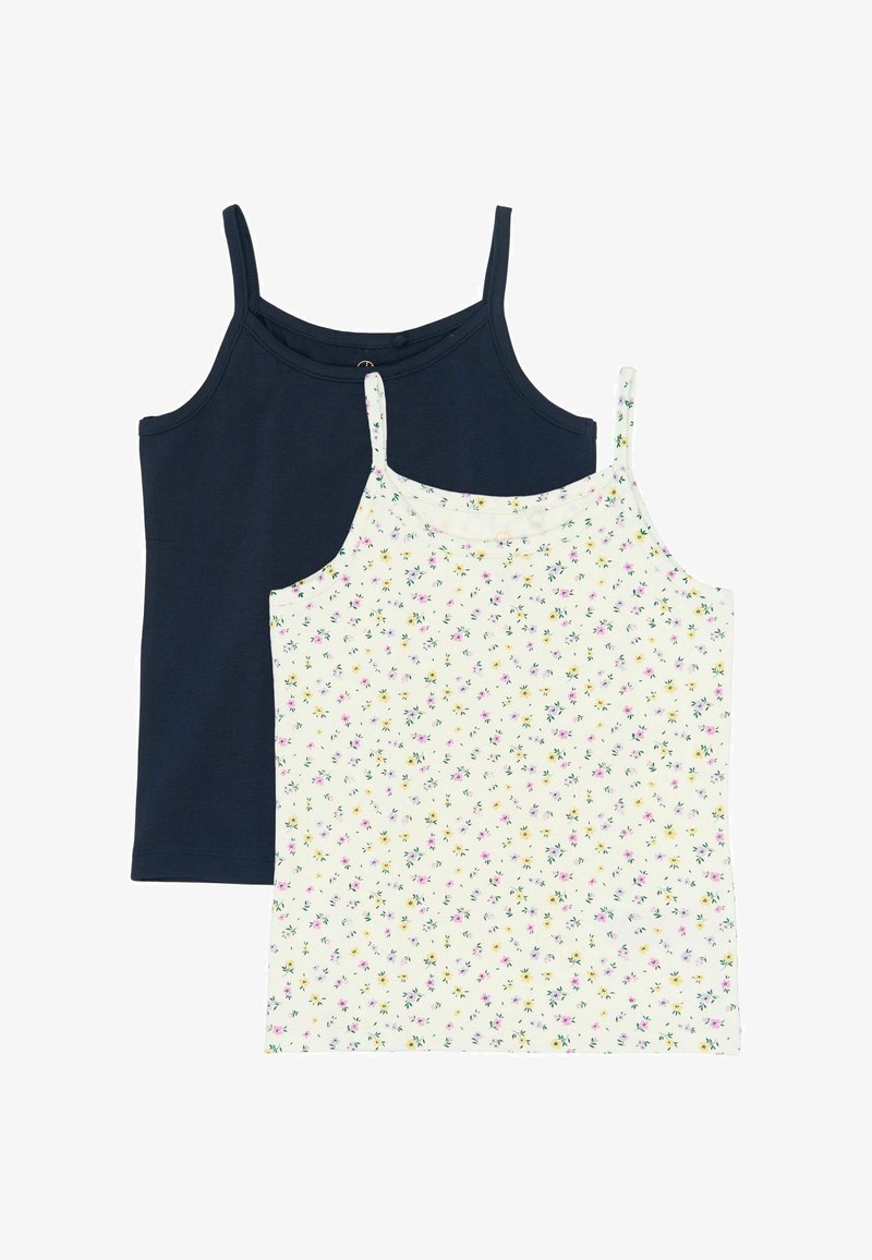 Twee mouwloze tanktops, één effen donkerblauw en één wit met een klein meerkleurig bloemmotief, overlappend op een witte achtergrond gelegd.