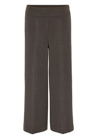 Pantalon marron à jambe large avec un motif subtil en chevrons et une taille haute droite.