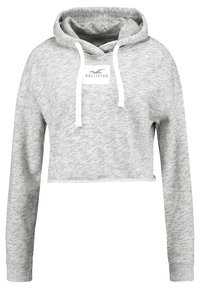 Oříznutá šedá mikina s kapucí z měkké látky, s bílým stahovacím šňůrkou, žebrovanými manžetami a středovým logem značky.