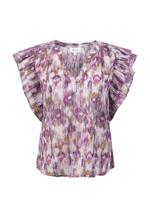 Bloemmotieven blouse met een V-hals en rimpelige korte mouwen. Gemaakt van lichte stof in tinten paars, geel en wit.