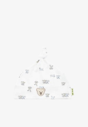 Cappellino per bambino in cotone bianco con motivo di orsetto, cima annodata e una stampa di orsetti in colori tenui. Texture morbida.