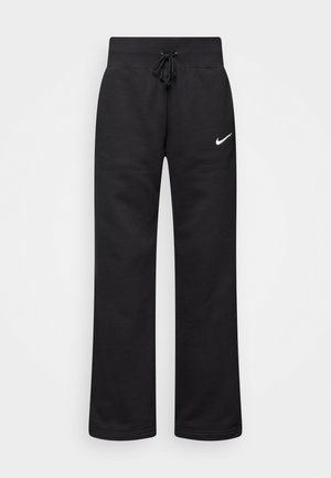 Black sweatpants made of cotton blend, featuring a drawstring waistband, straight legs, and a white Nike logo on the left side.