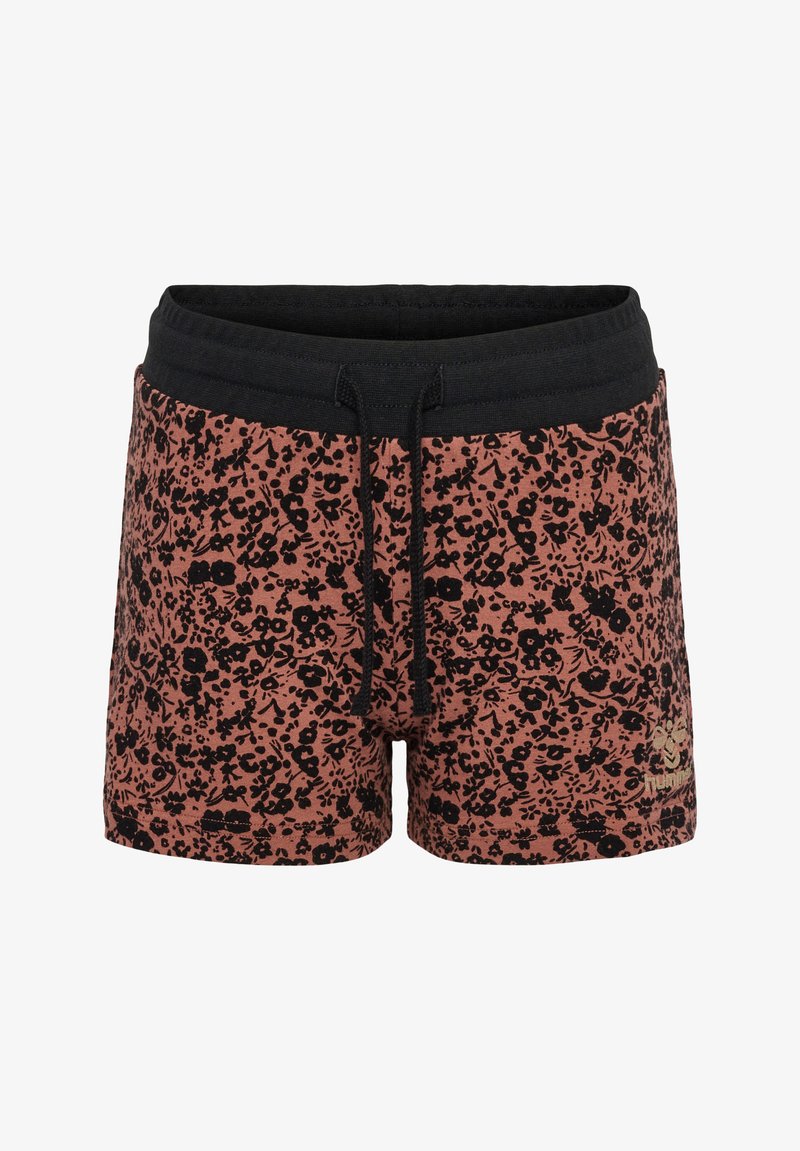 Blommiga shorts med rostfärgad bakgrund och svarta blommor, med svart elastisk midja och dragsko, tillverkade av mjukt tyg.
