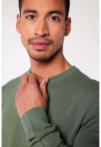 Grüner strukturierter Pullover mit rundem Ausschnitt. Die Ärmelbündchen sind eng anliegend, und der Träger hält den Ausschnitt. Glattes Material mit subtiler Rippung.