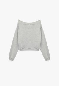 Szary, oversize'owy sweter wykonany z miękkiego materiału, z szerokim dekoltem, długimi rękawami oraz ściągaczami przy mankietach i na dole.