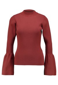 Rippiger, rostfarbener Langarmoberteil mit hohem Kragen und ausgestellten Ärmeln. Glatte Textur, figurbetonte Silhouette und weicher Stoff.