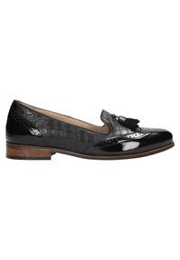 Zwarte leren instap schoenen met een krokodillenpatroon, franjes, brogue-details en een lage houten hak. Gladde en glanzende afwerking.