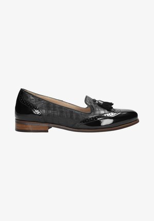 Zwarte leren instap schoenen met een krokodillenpatroon, franjes, brogue-details en een lage houten hak. Gladde en glanzende afwerking.