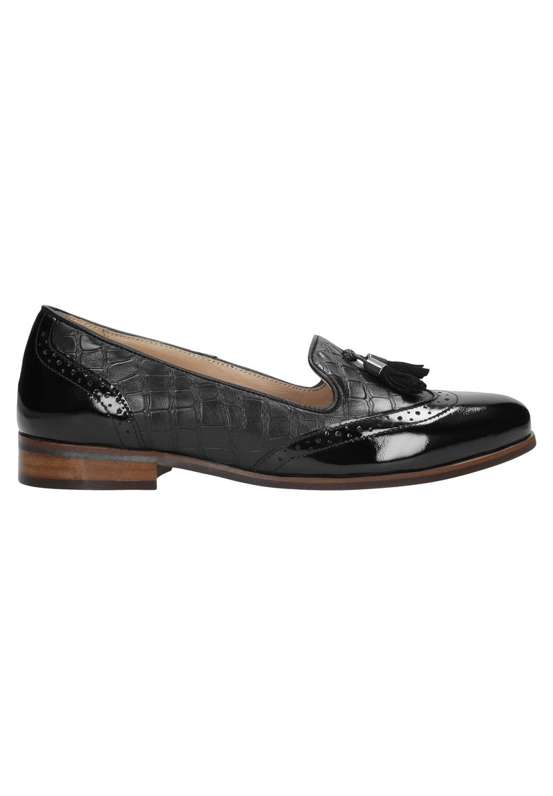 Zwarte leren instap schoenen met een krokodillenpatroon, franjes, brogue-details en een lage houten hak. Gladde en glanzende afwerking.