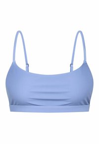Svetlomodrý bikiny vrch s tenkými nastaviteľnými ramienkami, hladkou štruktúrou a jednoduchým dizajnom. Má zakrivený výstrih a rovný lem.