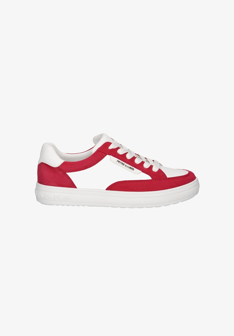 Sneaker rosso e bianco con tomaia in suede e pelle, suola ammortizzata, design con lacci e evidenti tagli laterali.