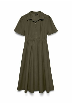 Robe verte olive à manches courtes avec un col, un boutonnage sur le devant et une taille élastiquée. Fabriquée dans un matériau doux et fluide avec une jupe évasée.