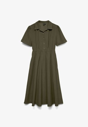 Oliiviroheline lühikeste varrukatega kleit koos kaelusega, nööpidega ette ja elastse vöökohtaga. Valmistatud pehmest, voogavast materjalist, millel on laiendatud seelik.