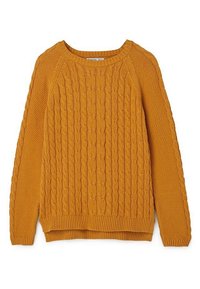 Pull en maille jaune moutarde avec un motif câble texturé, col rond, ourlet et poignets côtelés. Comprend de longues manches raglan.
