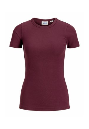 T-shirt ajusté bordeaux à manches courtes côtelées avec col rond et étiquette JJXX à l'intérieur du col.