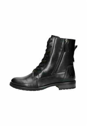 Botte de cheville en cuir noir avec bout arrondi, lacets à l'avant, fermeture éclair sur le côté et finition texturée avec un petit talon carré.