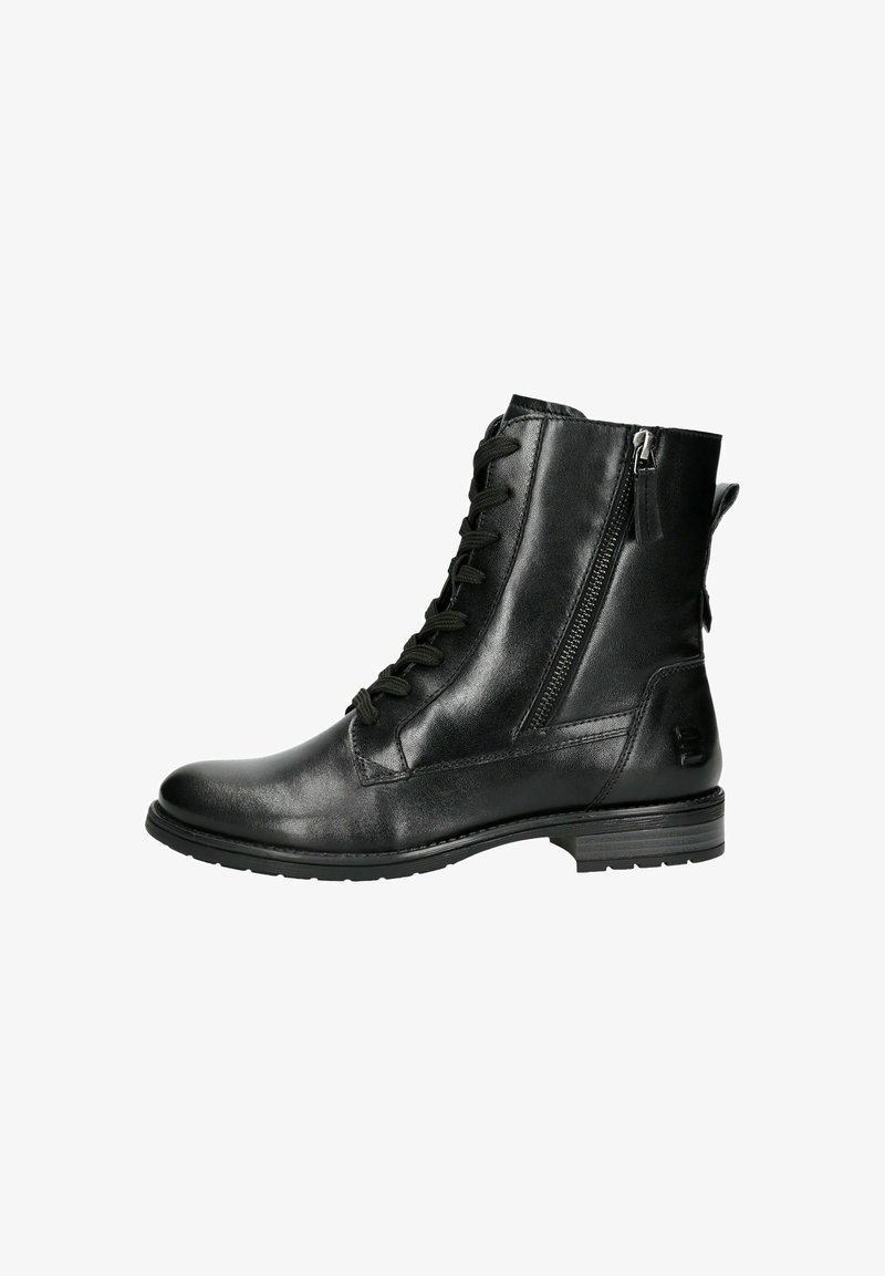 Schwarze Leder-Ankle-Boots mit runder Zehe, Schnürung auf der Vorderseite, seitlichem Reißverschluss und strukturiertem Finish sowie einem niedrigen Blockabsatz.