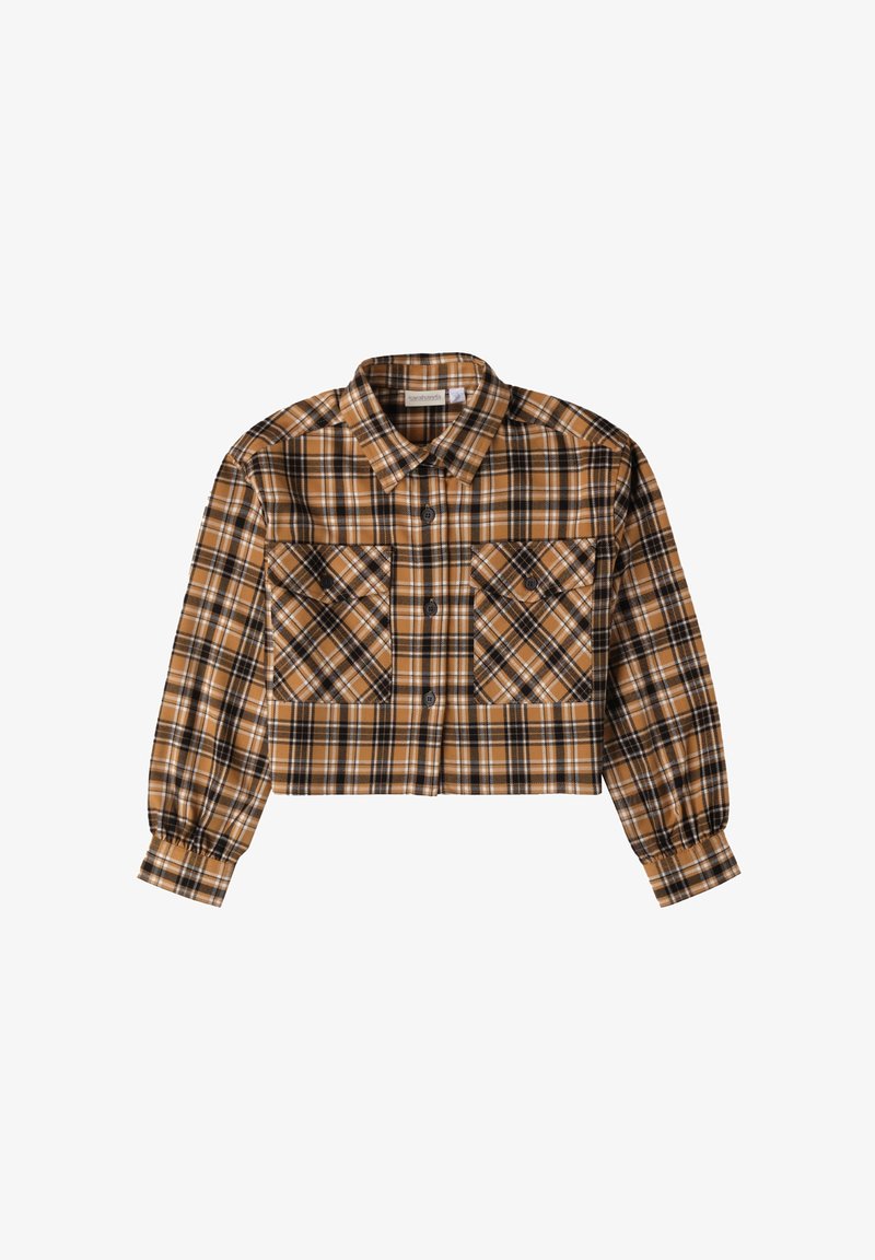 Camicetta a quadri accorciata nei colori marrone, nero e bianco. Presenta un colletto classico, bottoni frontali e due tasche a toppa sul petto.