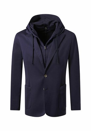 Navyblauwe blazer met een ingebouwde capuchon, voorzien van een enkele knoop, twee zakken aan de voorkant en een gladde, licht gestructureerde stof.
