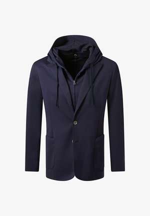 Navyblauwe blazer met een ingebouwde capuchon, voorzien van een enkele knoop, twee zakken aan de voorkant en een gladde, licht gestructureerde stof.