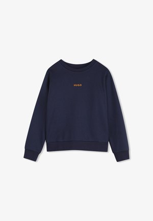 Sweat-shirt bleu marine à manches longues avec poignets et ourlet côtelés, comportant un petit texte orange "HUGO" centré sur la poitrine.