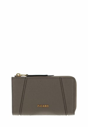 Portefeuille en cuir gris texturé avec une fermeture éclair, équipé de ferrures dorées et d'un logo. Le design comprend des détails d'accent angulaires.