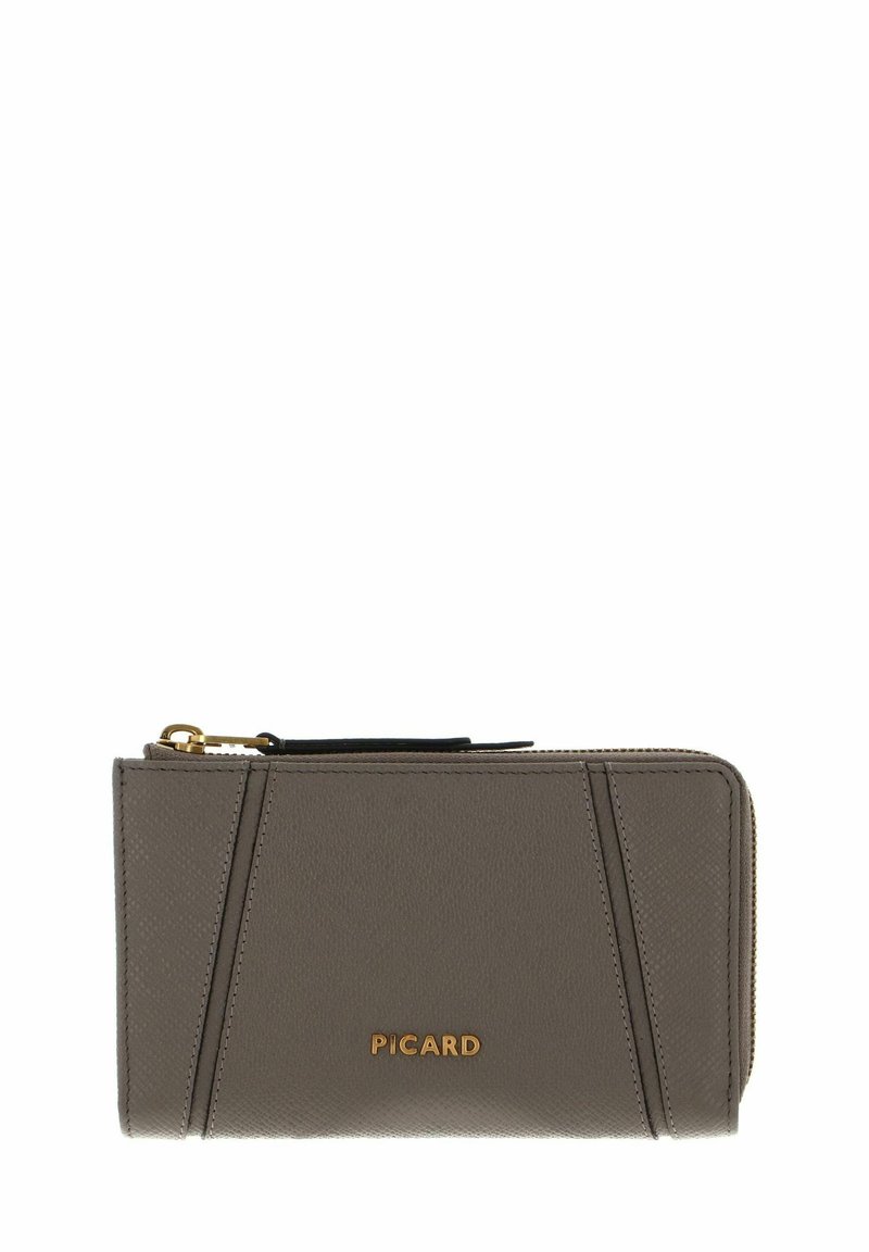 Portefeuille en cuir gris texturé avec une fermeture éclair, équipé de ferrures dorées et d'un logo. Le design comprend des détails d'accent angulaires.