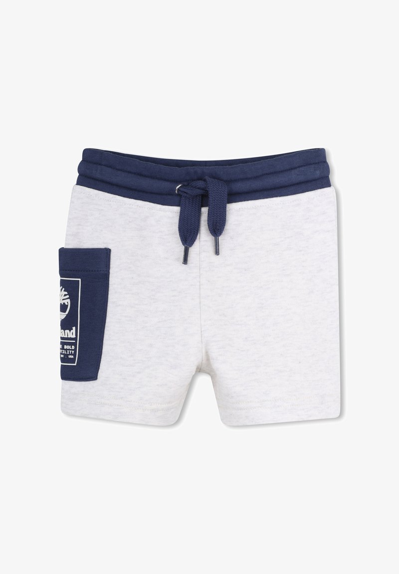 Shorts gris avec une ceinture taille marine et un cordon de serrage, présentant une poche latérale avec un patch logo. Tissu doux avec une finition texturée.