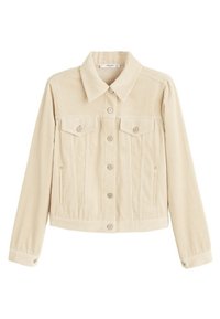 Beige corduroy jas met een kraag, een knoopsluiting aan de voorkant, twee borstzakken en een geribbelde textuur. Slim fit met lange mouwen.