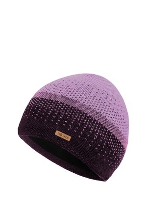 Two-tone knit beanie in light purple and dark purple with small textured patterns and a small rectangular brown "Trollkids" label.