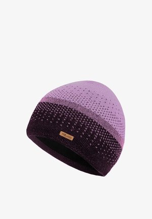 Two-tone knit beanie in light purple and dark purple with small textured patterns and a small rectangular brown "Trollkids" label.