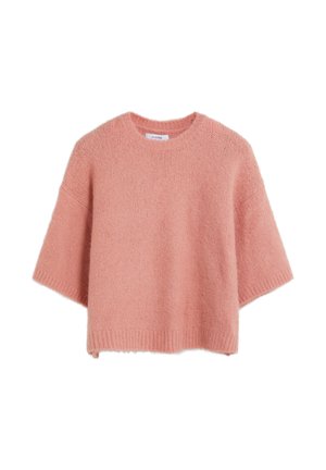 Roze, loszittende trui met korte mouwen, gemaakt van zachte, gestructureerde stof. Heeft een ronde halslijn en een geribde zoom aan de onderkant.
