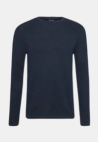 Laivastonsininen pitkähiha neulepaita pyöreällä pääntiellä, teksturoidulla kankaalla sekä resoreilla hihansuissa ja helmassa. Yksinkertainen muotoilu, ilman näkyviä kuvioita tai koristeita.