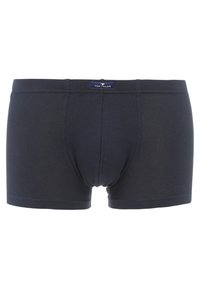 Dunkelblaue Baumwoll-Boxershorts mit FIT-Design, elastischem Bund und einem kleinen Etikett auf der Vorderseite. Glatte Textur, keine sichtbaren Muster.