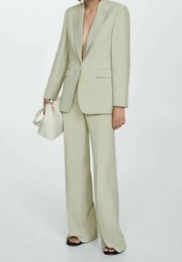 Světle zelený přizpůsobený sako s hlubokým výstřihem do V a dvěma předními kapsami, spárované s kalhotami širokých nohavic a malou odpovídající kabelkou.
