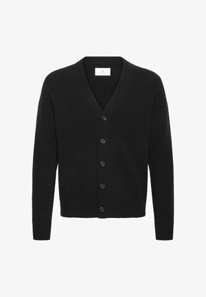 Black knitted V-neck cardigan with long sleeves and five front buttons, featuring ribbed cuffs and hem.