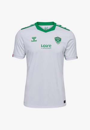 Maillot de football blanc avec des accents et des finitions vertes. Comprend un logo sur la poitrine, un col en V et des manches courtes. Fabriqué en matériau respirant.