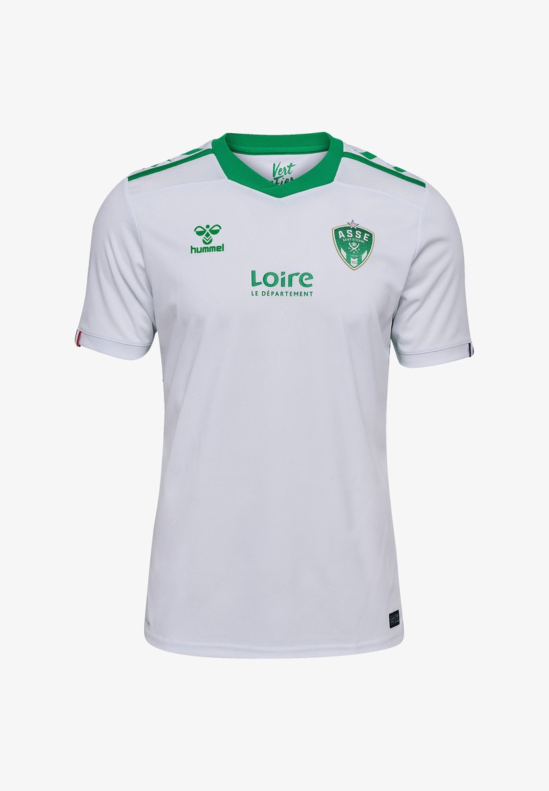 Maillot de football blanc avec des accents et des finitions vertes. Comprend un logo sur la poitrine, un col en V et des manches courtes. Fabriqué en matériau respirant.